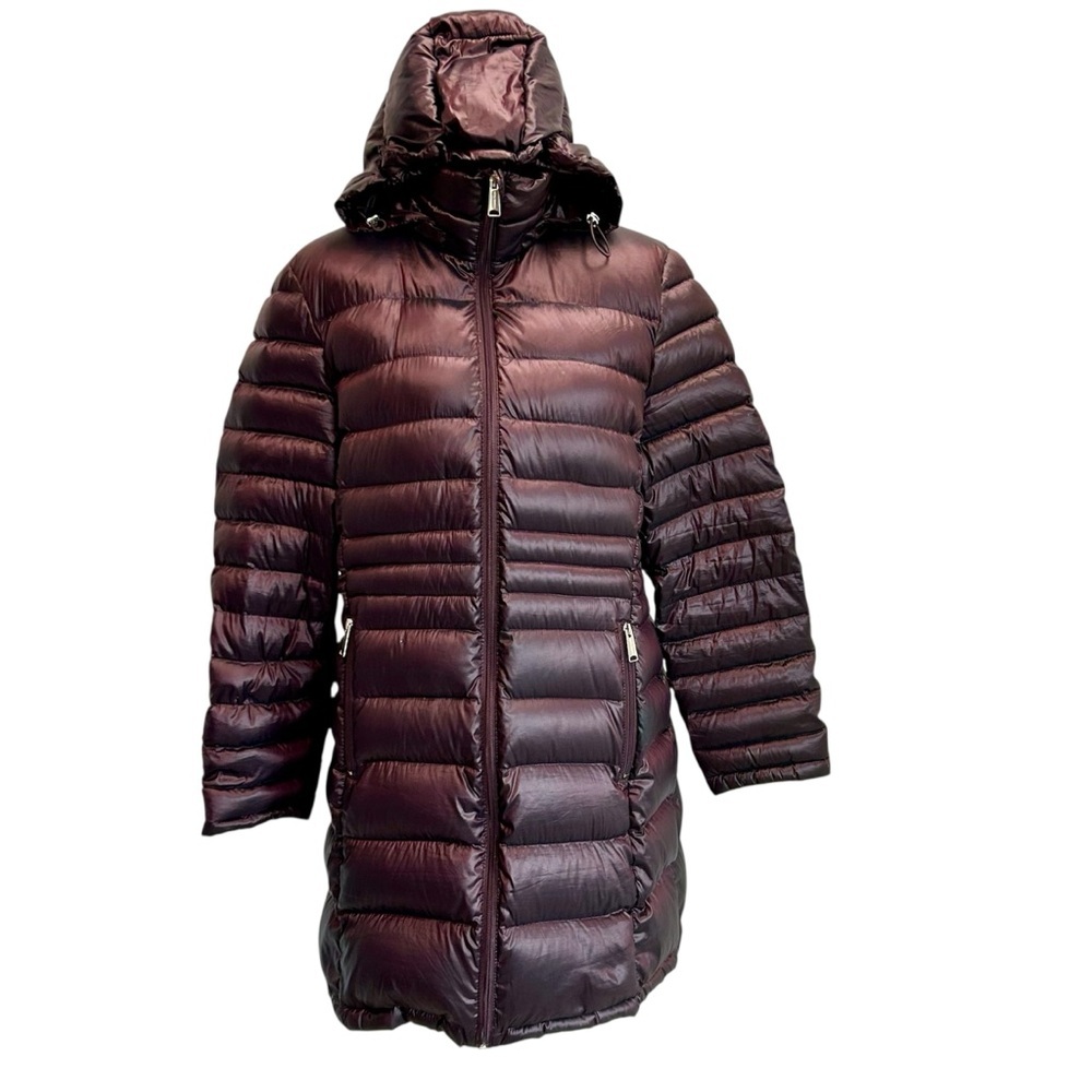 Andrew Marc burgundy red quilted packable compressible goose down hood coat XL